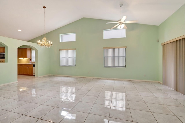13006 Hampton Lakes Cir, Boynton Beach, FL 33436 - unfurnished room with high vaulted ceiling, a ceiling fan, light tile patterned flooring, arched walkways, and baseboards