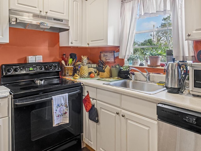 216 Sheffield I Unit 216, West Palm Beach, FL 33417 - kitchen with black electric range, under cabinet range hood, dishwasher, a sink, and white cabinets