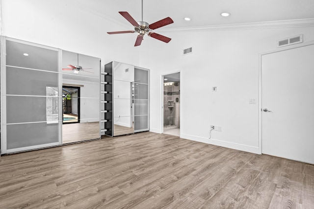 9676 Boca Gardens Pkwy Unit C, Boca Raton, FL 33496 - unfurnished room with a ceiling fan, ornamental molding, wood finished floors, a high ceiling, and recessed lighting