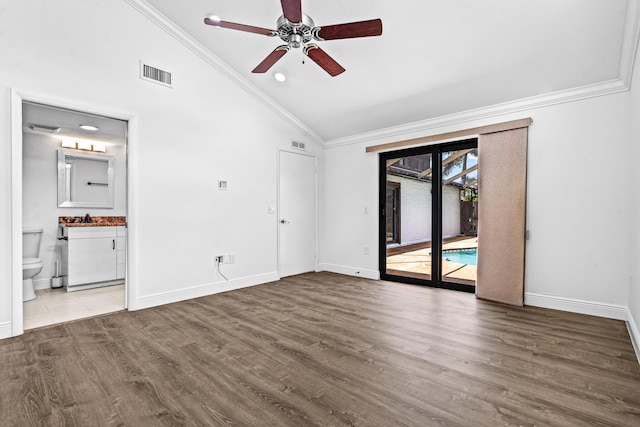 9676 Boca Gardens Pkwy Unit C, Boca Raton, FL 33496 - unfurnished room with vaulted ceiling, ornamental molding, ceiling fan, and wood finished floors