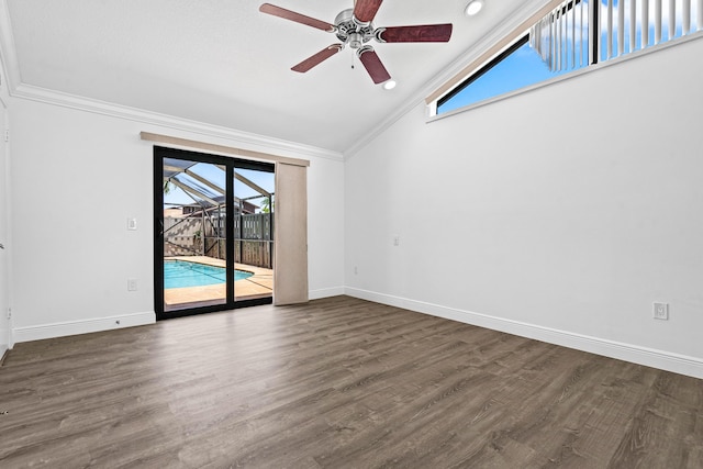 9676 Boca Gardens Pkwy Unit C, Boca Raton, FL 33496 - spare room with a ceiling fan, crown molding, lofted ceiling, wood finished floors, and a sunroom