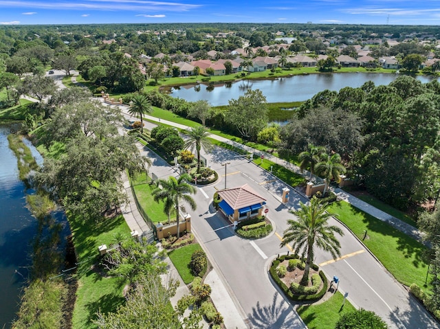 aerial view featuring a water view and a residential view