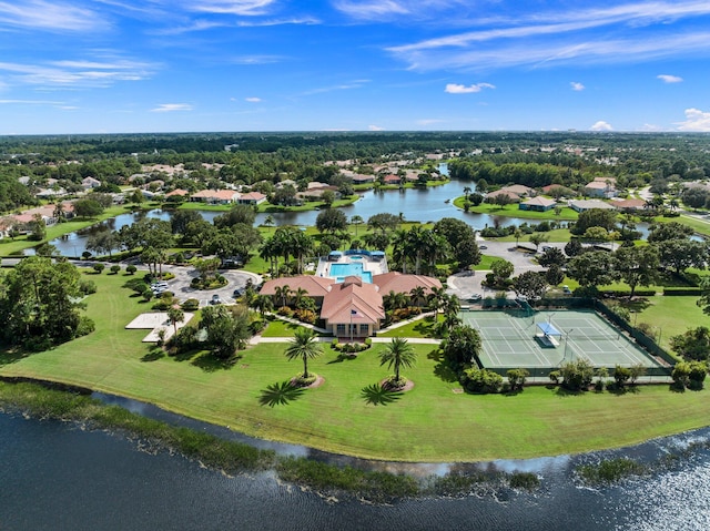 bird's eye view featuring a residential view and a water view