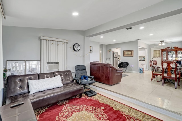 tiled living area featuring baseboards, cooling unit, a ceiling fan, and recessed lighting