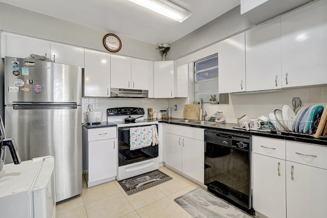 kitchen with electric range, dishwasher, a sink, freestanding refrigerator, and under cabinet range hood