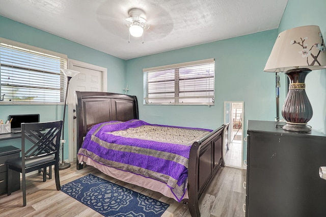 bedroom with ceiling fan and light wood finished floors