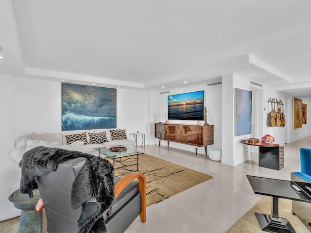 3300 S Ocean Blvd Unit 108S, Palm Beach, FL 33480 - living room with recessed lighting, tile patterned floors, a tray ceiling, and visible vents