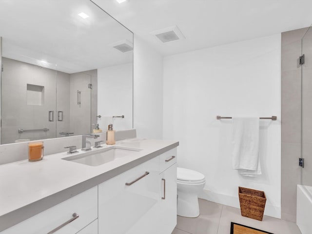 3300 S Ocean Blvd Unit 108S, Palm Beach, FL 33480 - bathroom with a bath, vanity, tile patterned floors, toilet, and a shower with door