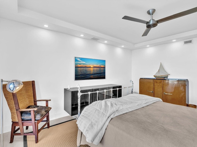 3300 S Ocean Blvd Unit 108S, Palm Beach, FL 33480 - bedroom featuring visible vents, recessed lighting, ceiling fan, and a tray ceiling
