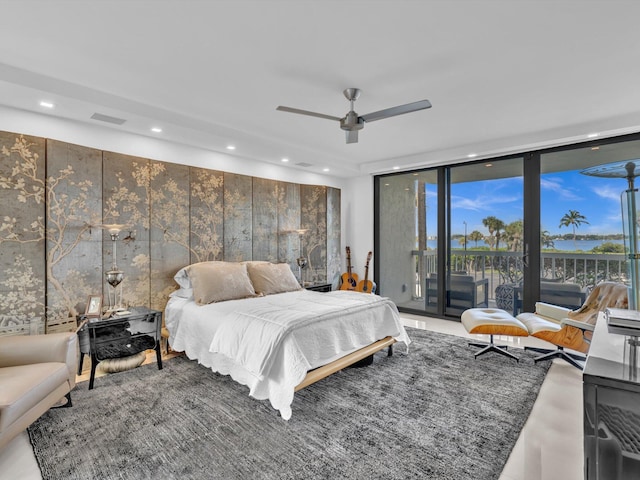 3300 S Ocean Blvd Unit 108S, Palm Beach, FL 33480 - bedroom with a ceiling fan, visible vents, expansive windows, access to outside, and recessed lighting