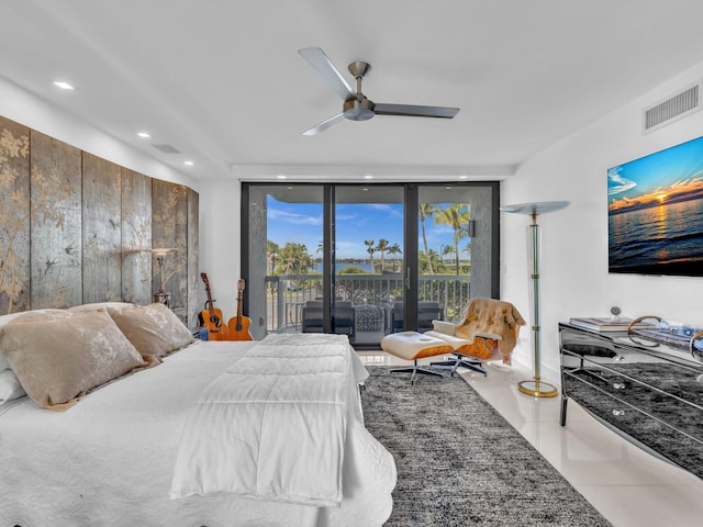 3300 S Ocean Blvd Unit 108S, Palm Beach, FL 33480 - tiled bedroom with visible vents, recessed lighting, a ceiling fan, and access to exterior
