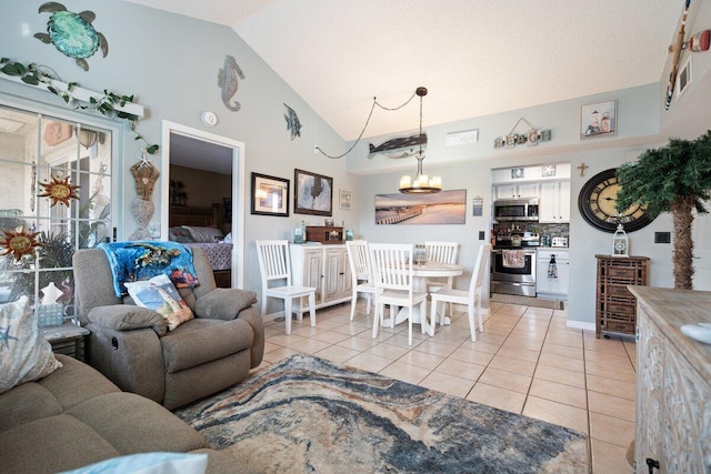 1627 SE Green Acres Cir Unit Z-203, Port Saint Lucie, FL 34952 - living room featuring a chandelier, light tile patterned floors, and lofted ceiling