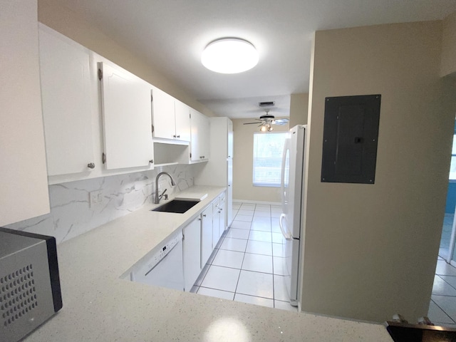 1120 Mahogany Way Unit 203, Delray Beach, FL 33445 - kitchen featuring a sink, electric panel, white appliances, tasteful backsplash, and ceiling fan