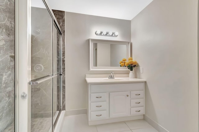 bathroom featuring a stall shower, tile patterned floors, and vanity