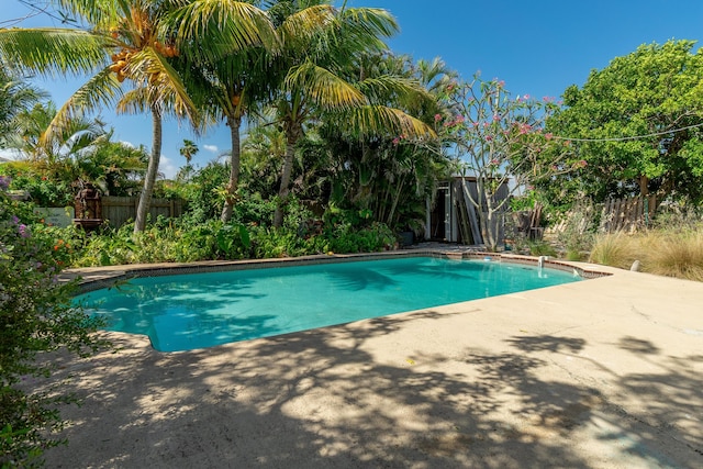 view of swimming pool featuring a fenced in pool, a fenced backyard, and a patio area