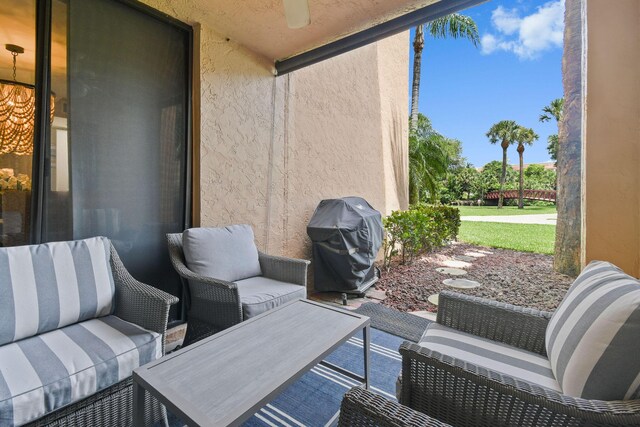 view of patio / terrace featuring an outdoor hangout area, ceiling fan, and a grill
