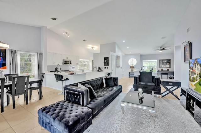7669 Springwater Pl Unit 202, Boynton Beach, FL 33437 - living room with visible vents, a ceiling fan, light tile patterned floors, and recessed lighting