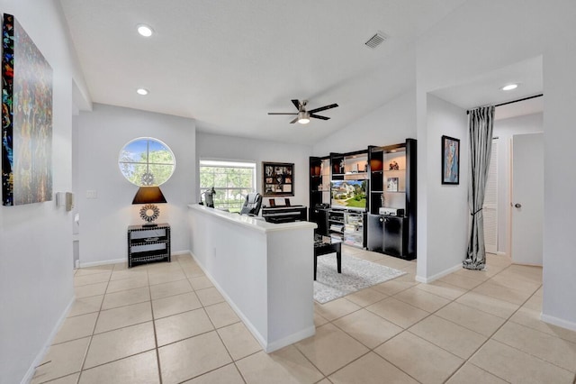 7669 Springwater Pl Unit 202, Boynton Beach, FL 33437 - interior space featuring visible vents, baseboards, ceiling fan, recessed lighting, and vaulted ceiling