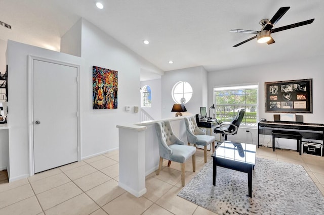 7669 Springwater Pl Unit 202, Boynton Beach, FL 33437 - sitting room with ceiling fan, recessed lighting, baseboards, light tile patterned floors, and vaulted ceiling