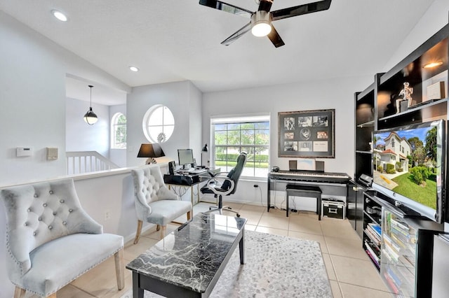 7669 Springwater Pl Unit 202, Boynton Beach, FL 33437 - living room with recessed lighting, ceiling fan, and light tile patterned flooring