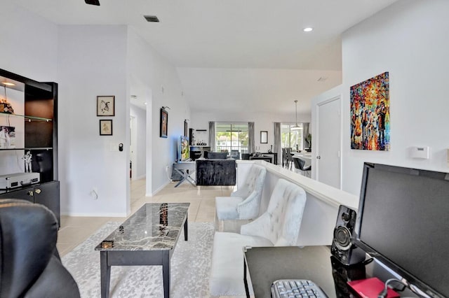 7669 Springwater Pl Unit 202, Boynton Beach, FL 33437 - living area featuring tile patterned flooring, recessed lighting, baseboards, vaulted ceiling, and visible vents