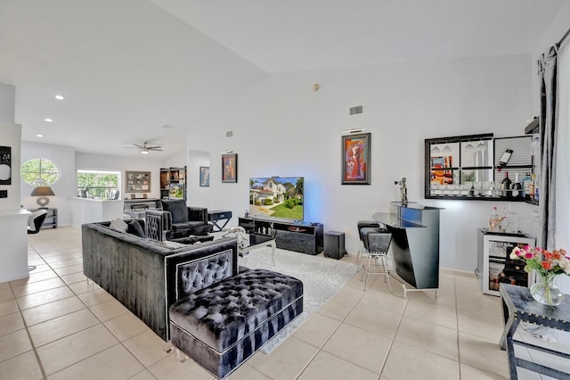 7669 Springwater Pl Unit 202, Boynton Beach, FL 33437 - tiled living room with visible vents, recessed lighting, ceiling fan, and vaulted ceiling