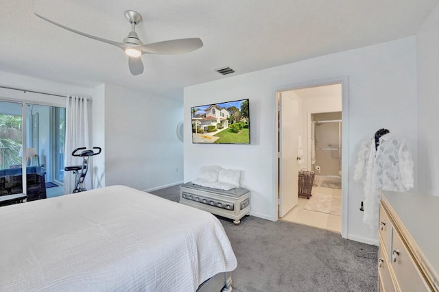 7669 Springwater Pl Unit 202, Boynton Beach, FL 33437 - carpeted bedroom featuring visible vents, baseboards, ceiling fan, access to outside, and ensuite bath