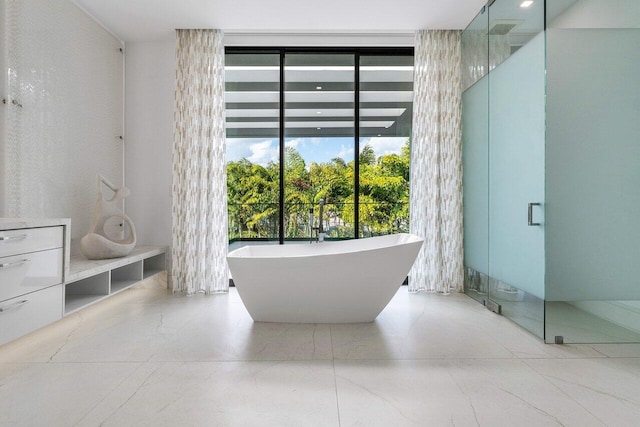 217 Thatch Palm Dr, Boca Raton, FL 33432 - bathroom with a wall of windows, a freestanding bath, and walk in shower