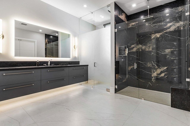 217 Thatch Palm Dr, Boca Raton, FL 33432 - full bathroom with a marble finish shower, vanity, and recessed lighting
