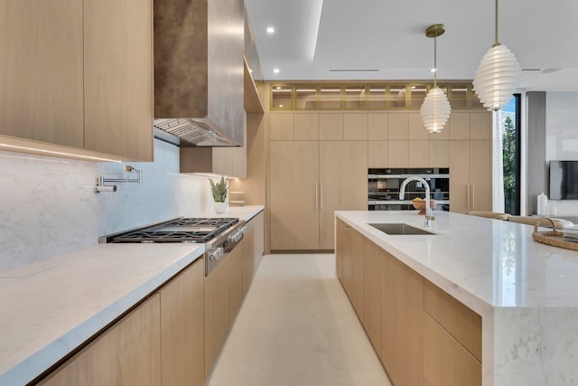 2498 Queen Palm Rd, Boca Raton, FL 33432 - kitchen with modern cabinets, wall chimney range hood, stainless steel appliances, and light brown cabinets