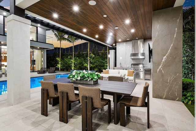 view of patio featuring area for grilling, an outdoor hangout area, outdoor dining space, an outdoor pool, and a grill