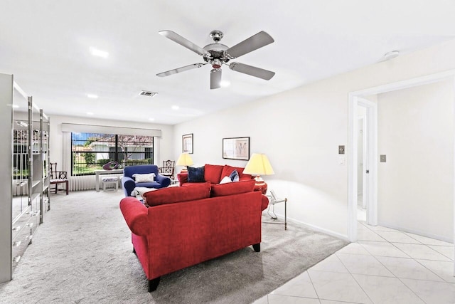 9750 Tabebuia Tree Dr Unit A, Boynton Beach, FL 33436 - living room with tile patterned flooring, carpet floors, a ceiling fan, baseboards, and visible vents