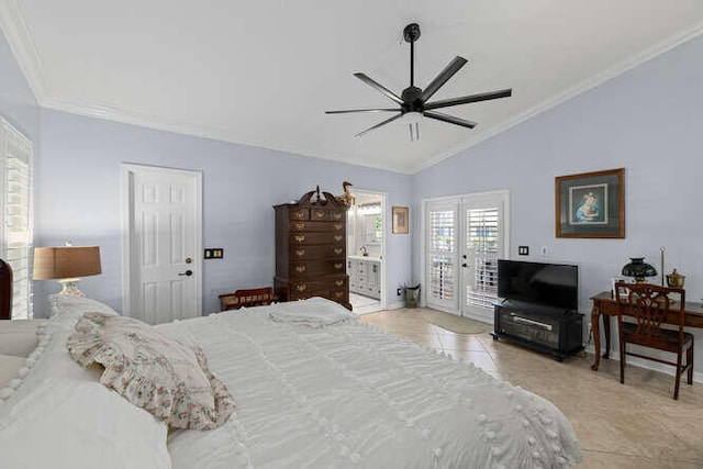 bedroom with ornamental molding, lofted ceiling, light tile patterned flooring, access to exterior, and ceiling fan