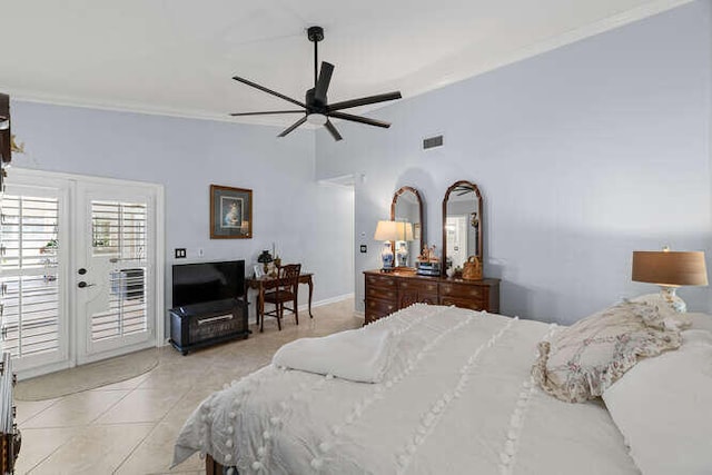 bedroom featuring visible vents, ornamental molding, light tile patterned flooring, access to exterior, and a ceiling fan