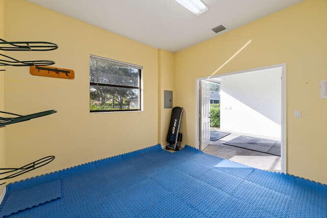 interior space featuring carpet flooring, visible vents, and electric panel