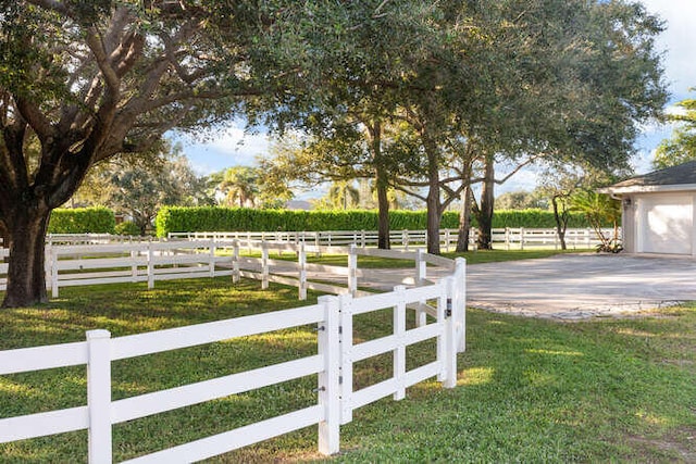 view of yard featuring a garage and fence