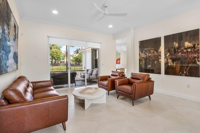 11952 Fox Hill Cir, Boynton Beach, FL 33473 - living area with ceiling fan, ornamental molding, recessed lighting, and light tile patterned floors