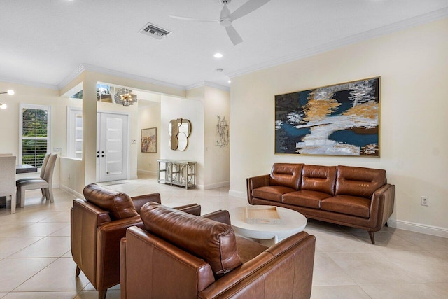 11952 Fox Hill Cir, Boynton Beach, FL 33473 - living room with light tile patterned flooring, crown molding, ceiling fan, baseboards, and recessed lighting