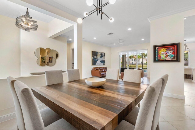 11952 Fox Hill Cir, Boynton Beach, FL 33473 - dining space featuring ornamental molding, light tile patterned flooring, recessed lighting, baseboards, and a chandelier