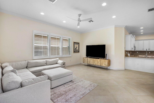 11952 Fox Hill Cir, Boynton Beach, FL 33473 - living area featuring a ceiling fan, recessed lighting, crown molding, baseboards, and light tile patterned floors