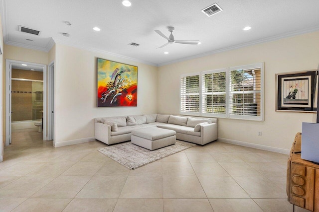 11952 Fox Hill Cir, Boynton Beach, FL 33473 - living room featuring ornamental molding, a ceiling fan, recessed lighting, baseboards, and light tile patterned floors
