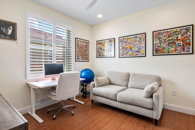11952 Fox Hill Cir, Boynton Beach, FL 33473 - office area with baseboards, wood finished floors, a ceiling fan, and recessed lighting