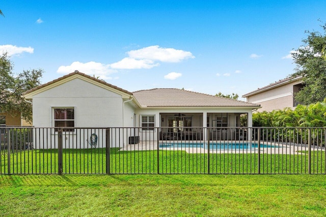11952 Fox Hill Cir, Boynton Beach, FL 33473 - rear view of house featuring a ceiling fan, a tiled roof, stucco siding, and a patio