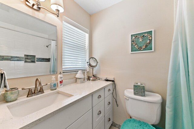 full bathroom featuring toilet, a shower with curtain, and vanity