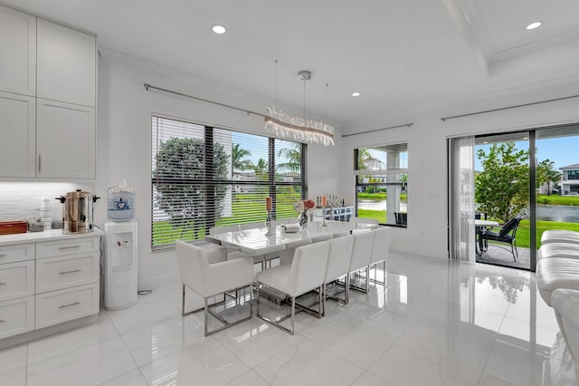 dining space with crown molding, light tile patterned flooring, baseboards, and recessed lighting