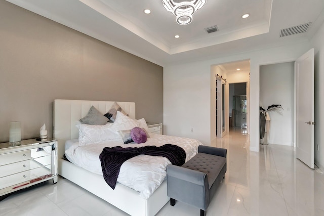 bedroom featuring visible vents, a raised ceiling, and recessed lighting
