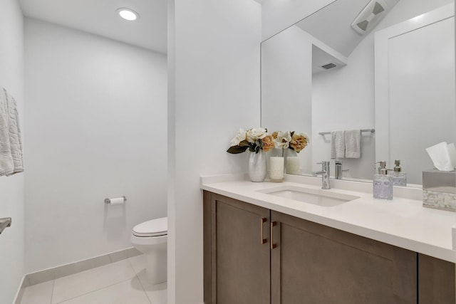 bathroom featuring toilet, baseboards, visible vents, tile patterned flooring, and vanity
