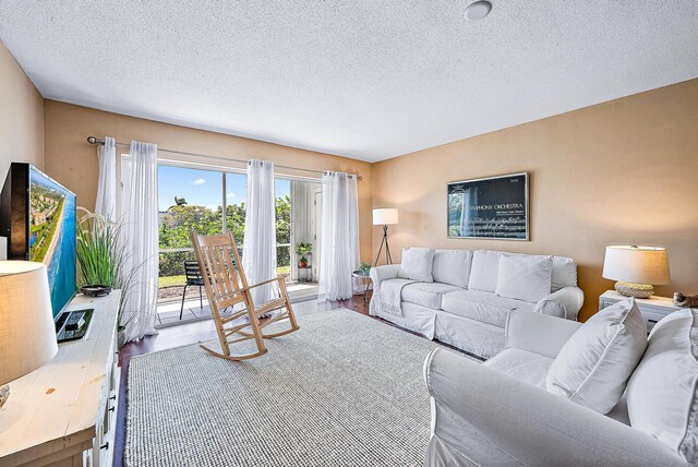 living room with a textured ceiling and wood finished floors