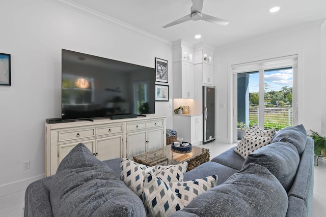 4707 SE Manatee Way, Stuart, FL 34997 - living room with crown molding, baseboards, ceiling fan, and recessed lighting
