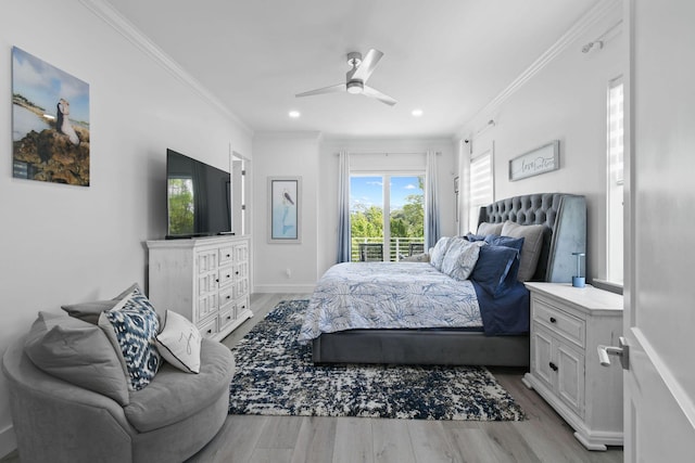 4707 SE Manatee Way, Stuart, FL 34997 - bedroom featuring access to outside, recessed lighting, ornamental molding, and wood finished floors